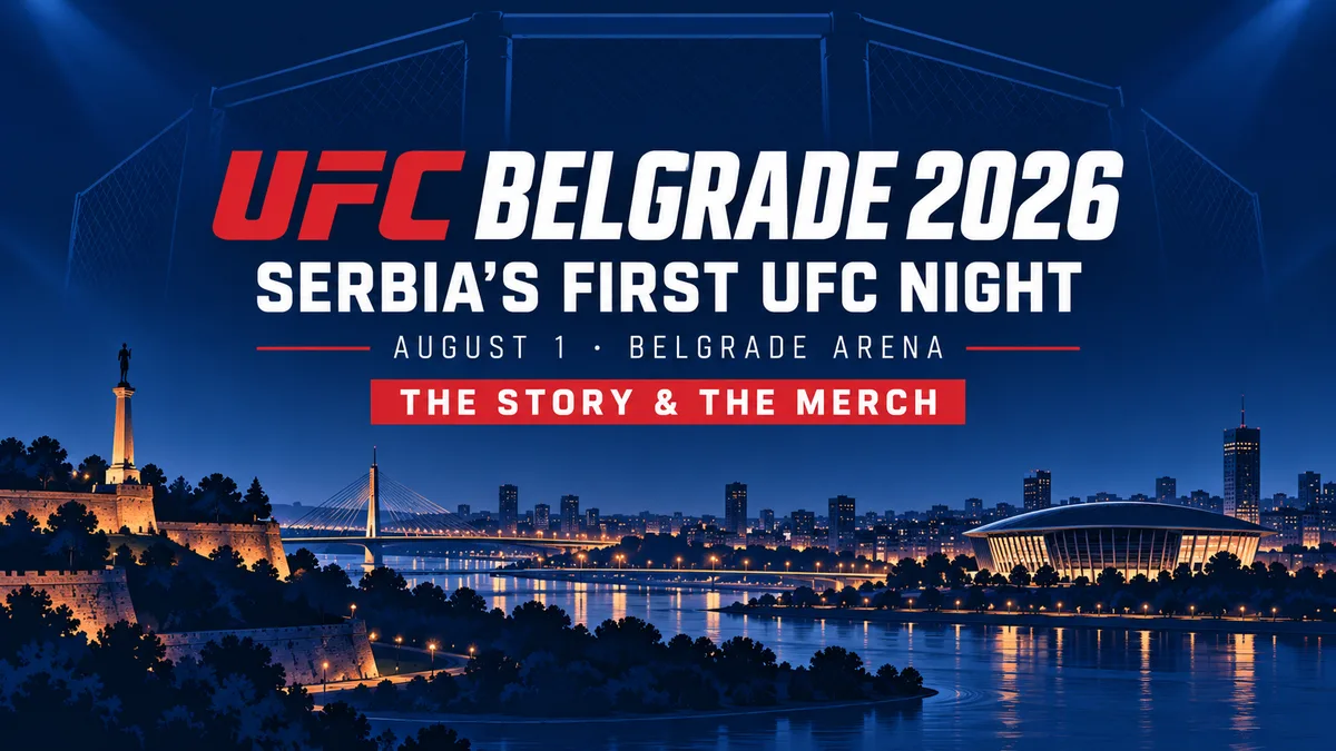 Editorial illustration of Belgrade skyline and cage geometry with UFC Belgrade 2026 event and merch headline.