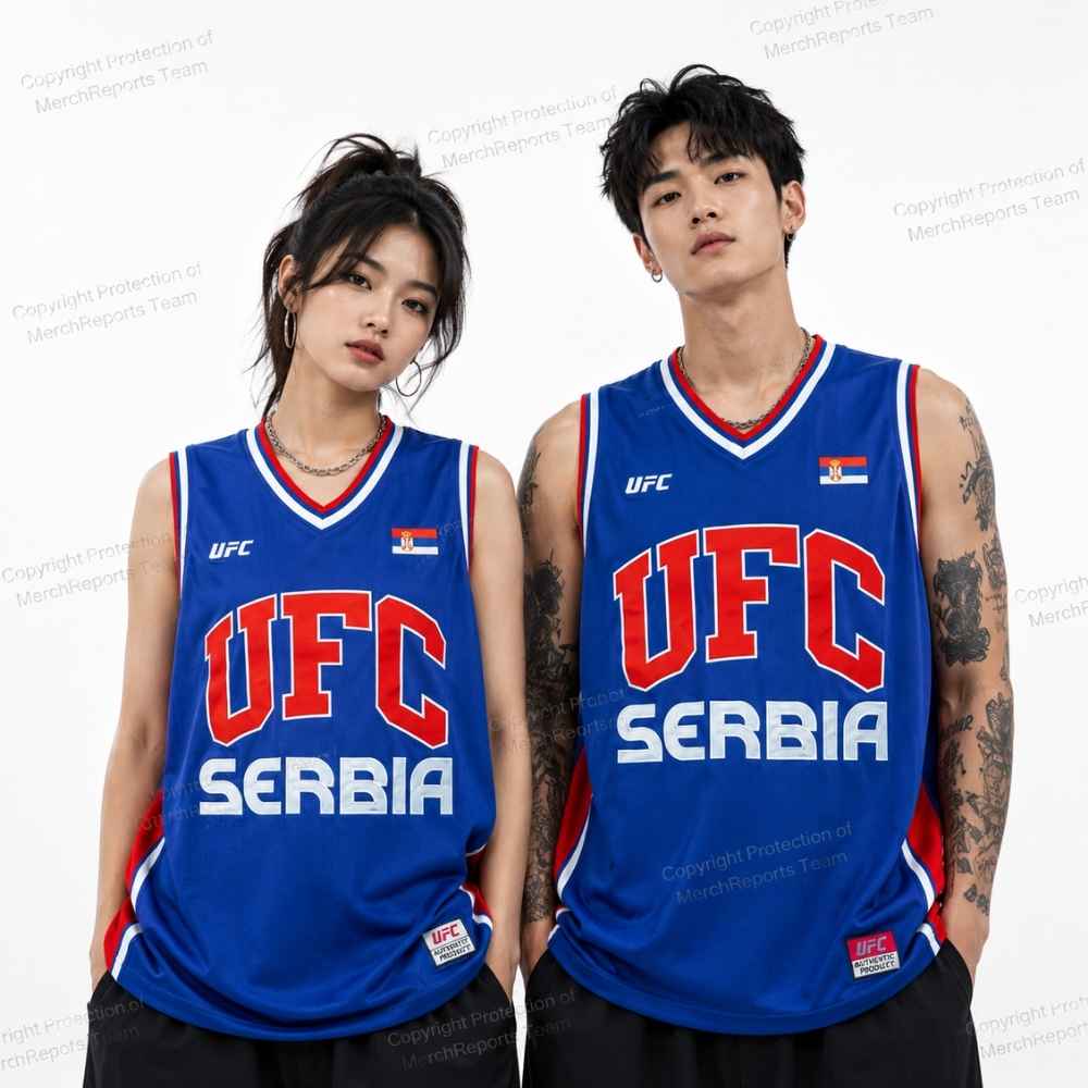 Two models wearing the blue UFC Serbia jersey with red and white lettering.
