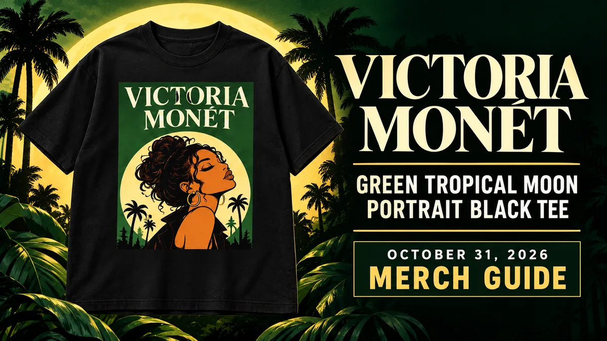 Victoria Monét Green Tropical Moon Portrait Black Tee artwork and dated merch guide title