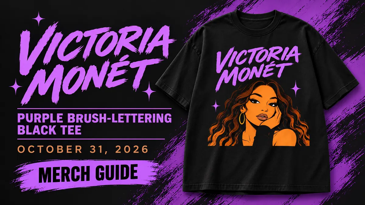 Victoria Monét Purple Brush-Lettering Black Tee artwork and dated merch guide title