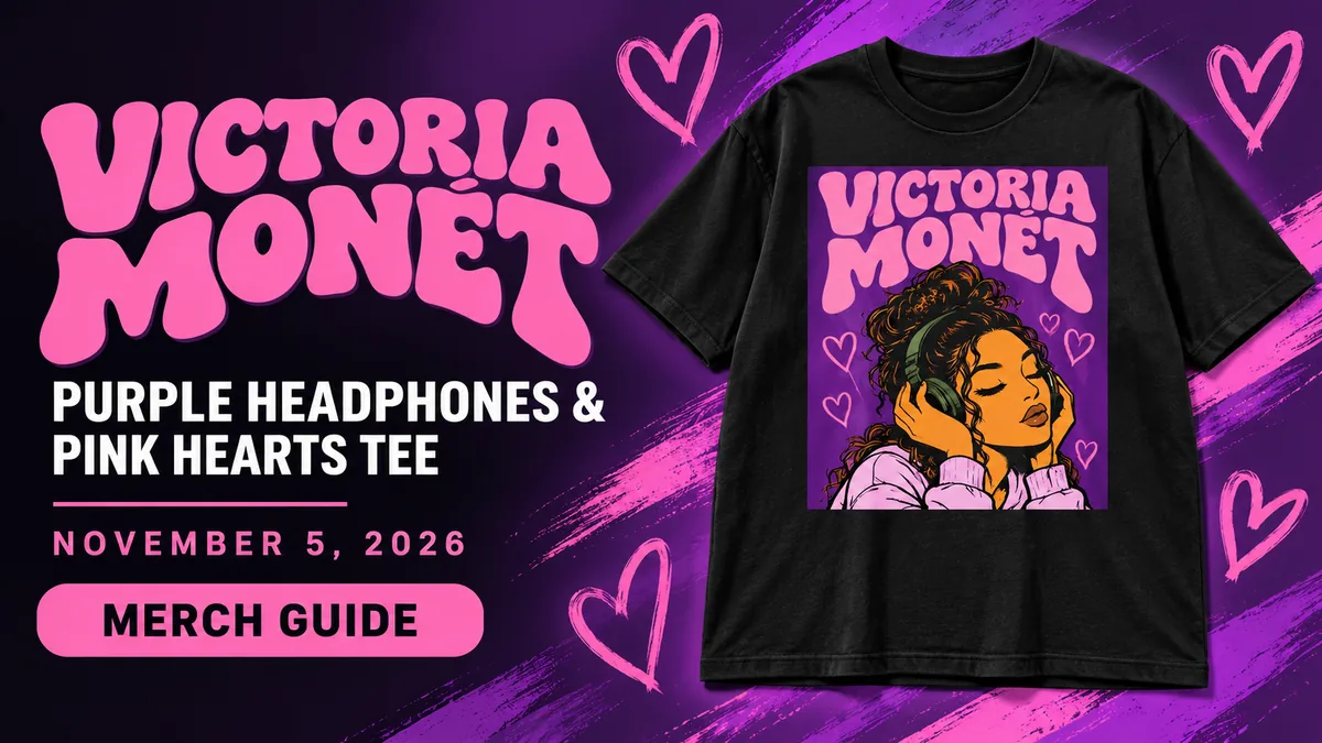 Victoria Monét Purple Headphones & Pink Hearts Tee artwork and dated merch guide title