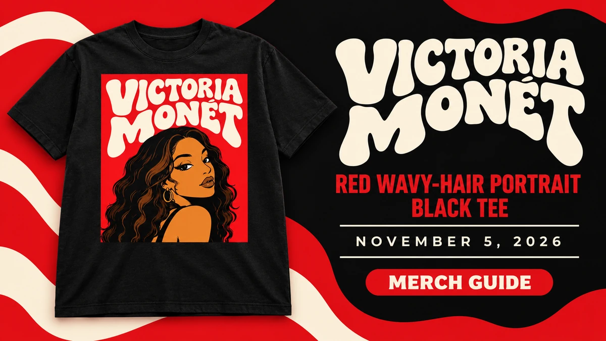 Victoria Monét Red Wavy-Hair Portrait Black Tee artwork and dated merch guide title