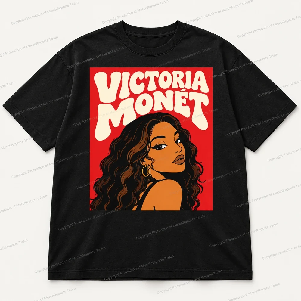 Victoria Monét Red Wavy-Hair Portrait Black Tee product artwork