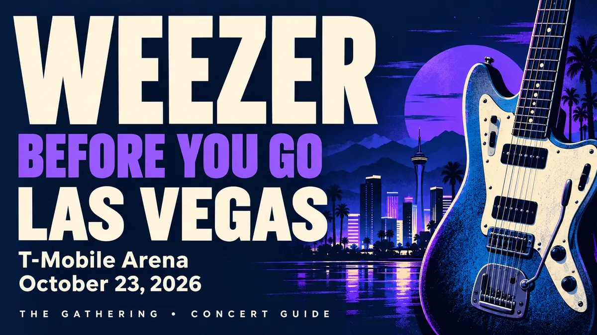 Illustrated Weezer Before You Go guide for T-Mobile Arena, Las Vegas, October 23, 2026.