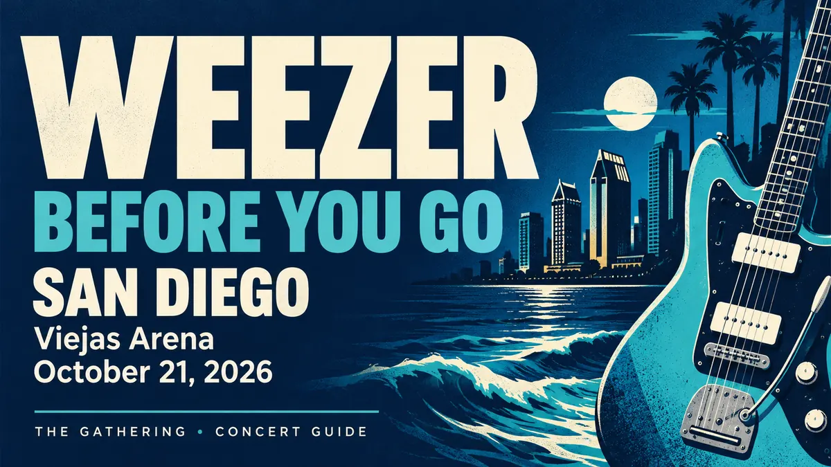 Illustrated Weezer Before You Go guide for Viejas Arena, San Diego, October 21, 2026.