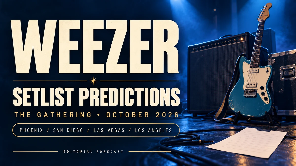 Editorial Weezer setlist predictions illustration with a blue electric guitar, amplifier and paper setlist.