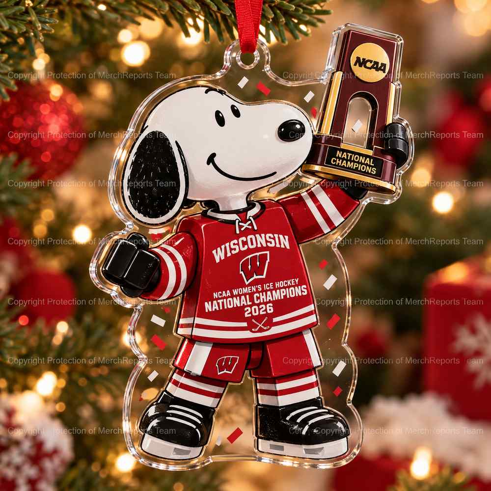Wisconsin Badgers NCAA Womens Hockey National Champions Snoopy Trophy Christmas 2026 Custom Shape Acrylic Ornament