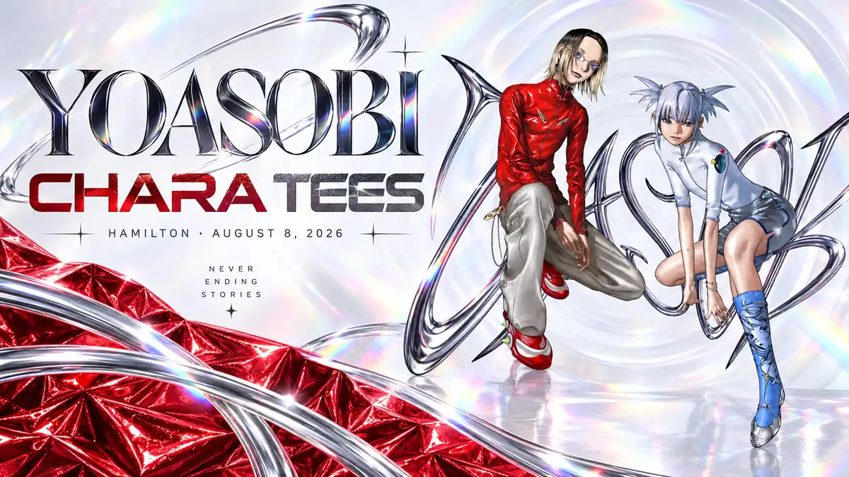 YOASOBI character duo with silver chrome artwork and hamilton merch lettering