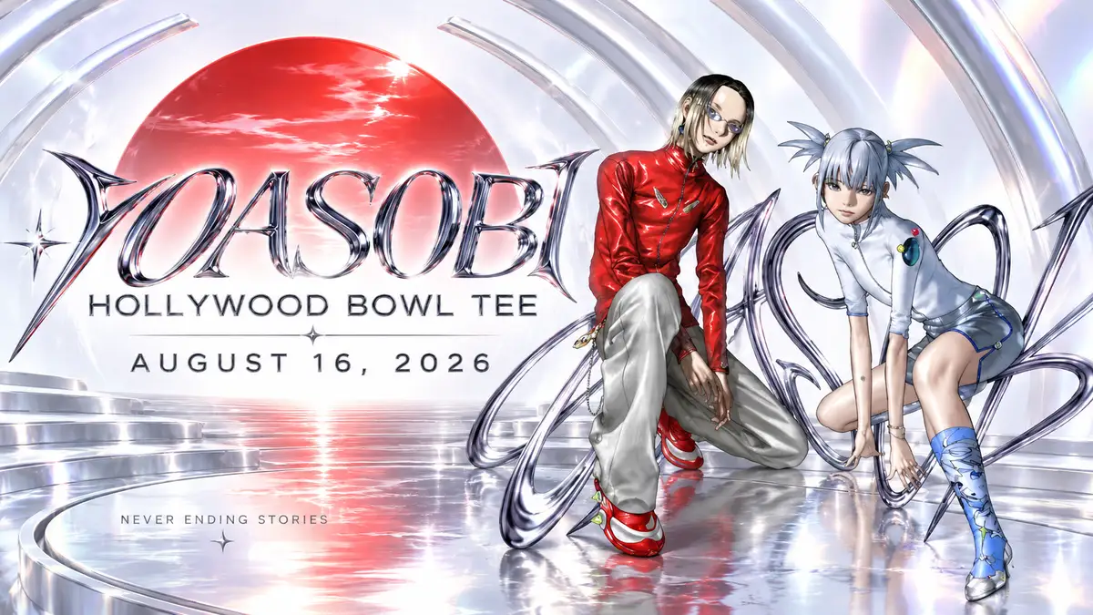 YOASOBI character duo with silver chrome artwork and hollywood merch lettering