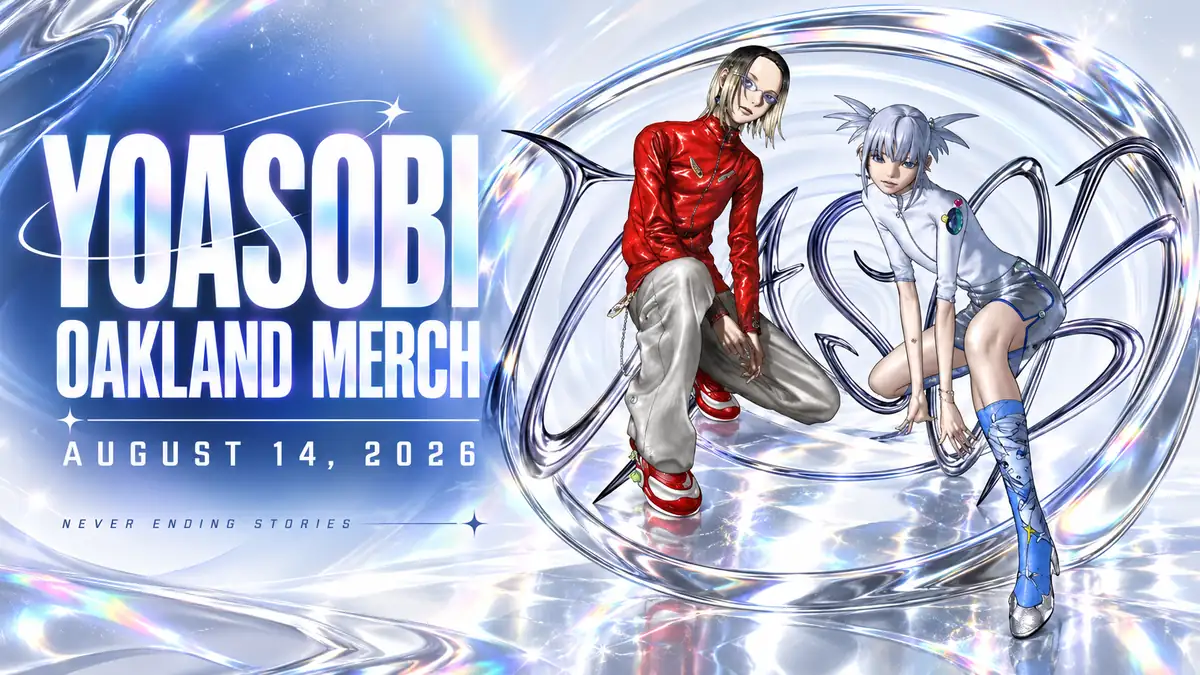 YOASOBI character duo with silver chrome artwork and oakland merch lettering