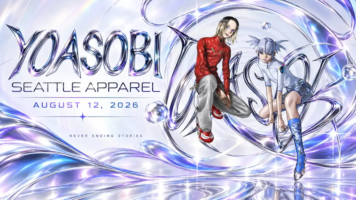 YOASOBI character duo with silver chrome artwork and seattle apparel merch lettering