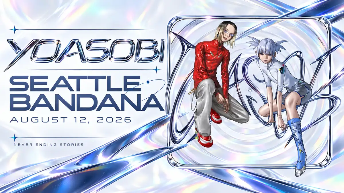 YOASOBI character duo with silver chrome artwork and seattle bandana merch lettering