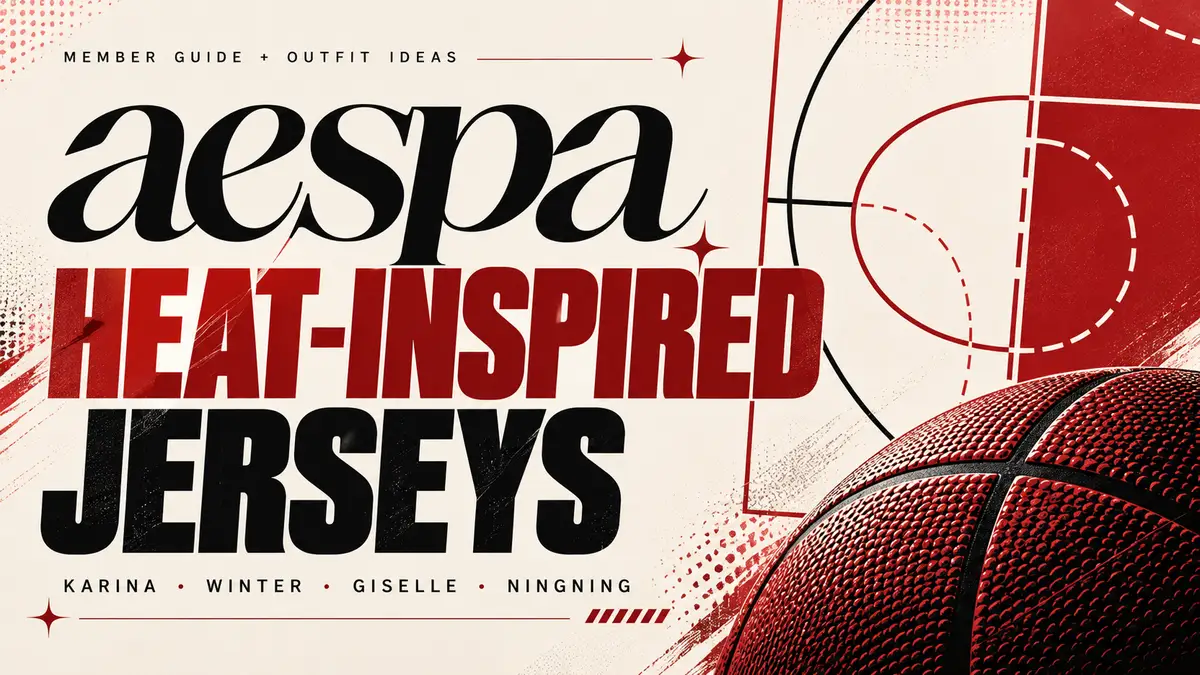 aespa Heat-inspired jerseys editorial banner with basketball court graphics and Karina, Winter, Giselle and Ningning names