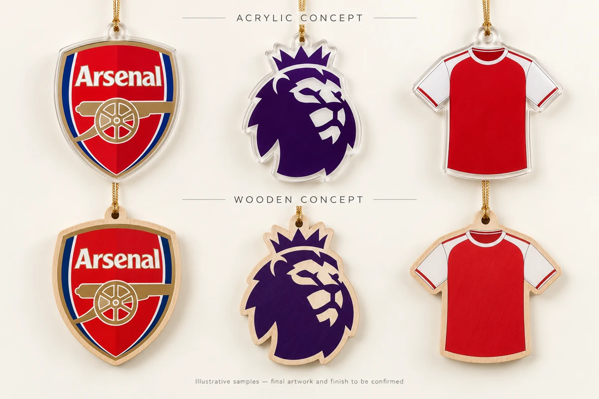 Three illustrative ornament ideas: Arsenal crest, league emblem and red-and-white shirt, compared in acrylic and wooden concepts