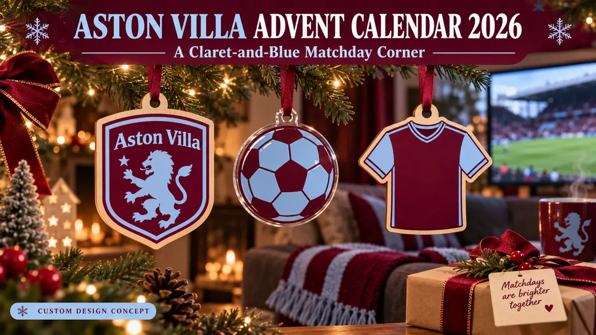 Three Aston Villa custom ornament concepts: club-name shield, generic football emblem and shirt silhouette