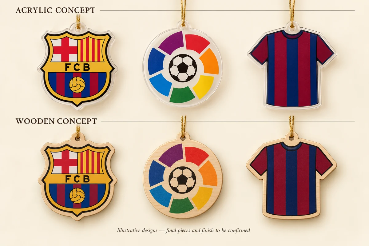 Illustrative Barcelona crest, competition-inspired emblem and shirt ornament designs in acrylic and wood