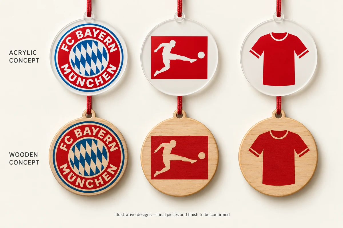 Illustrative Bayern crest, competition-inspired emblem and shirt ornament designs in acrylic and wood