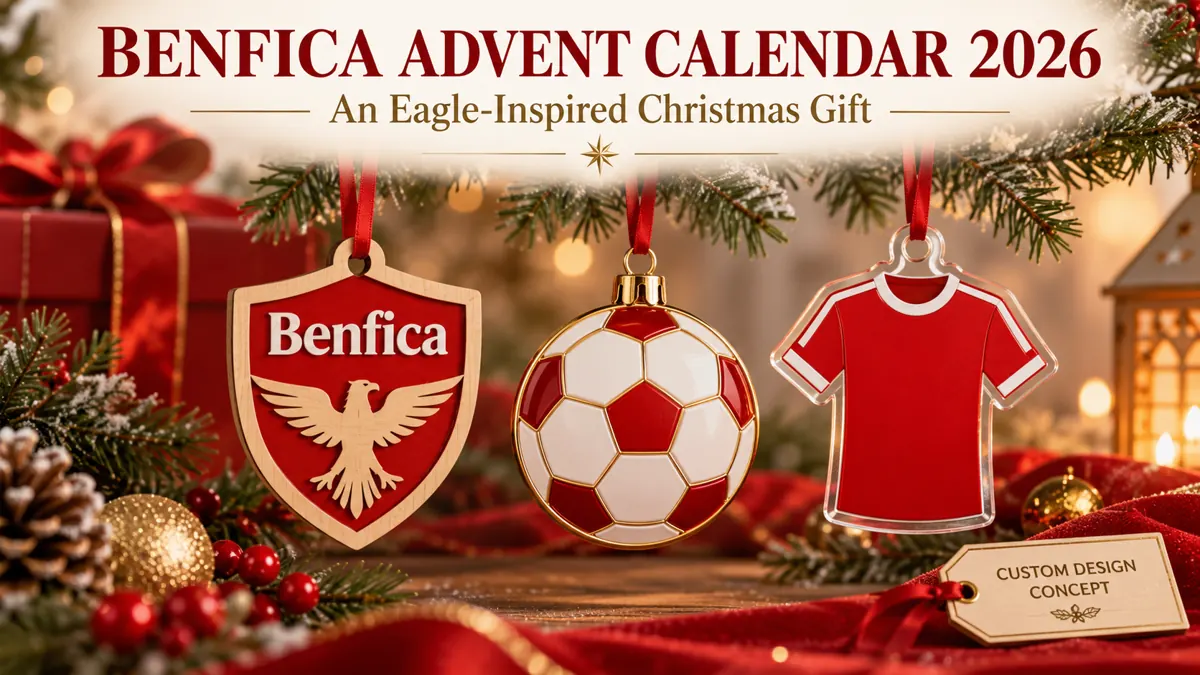 Benfica Christmas ornament design concepts: club-name shield, football emblem and shirt in red and white with restrained gold