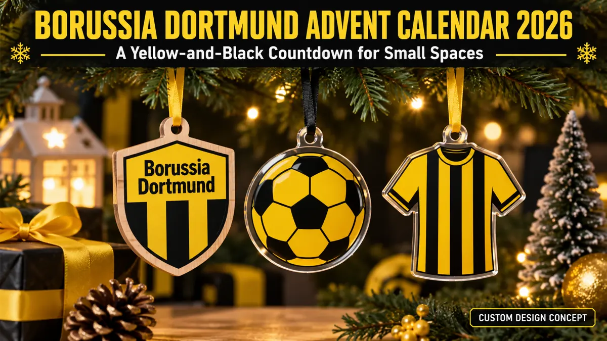 Three Borussia Dortmund custom ornament concepts: club-name shield, generic football emblem and shirt silhouette