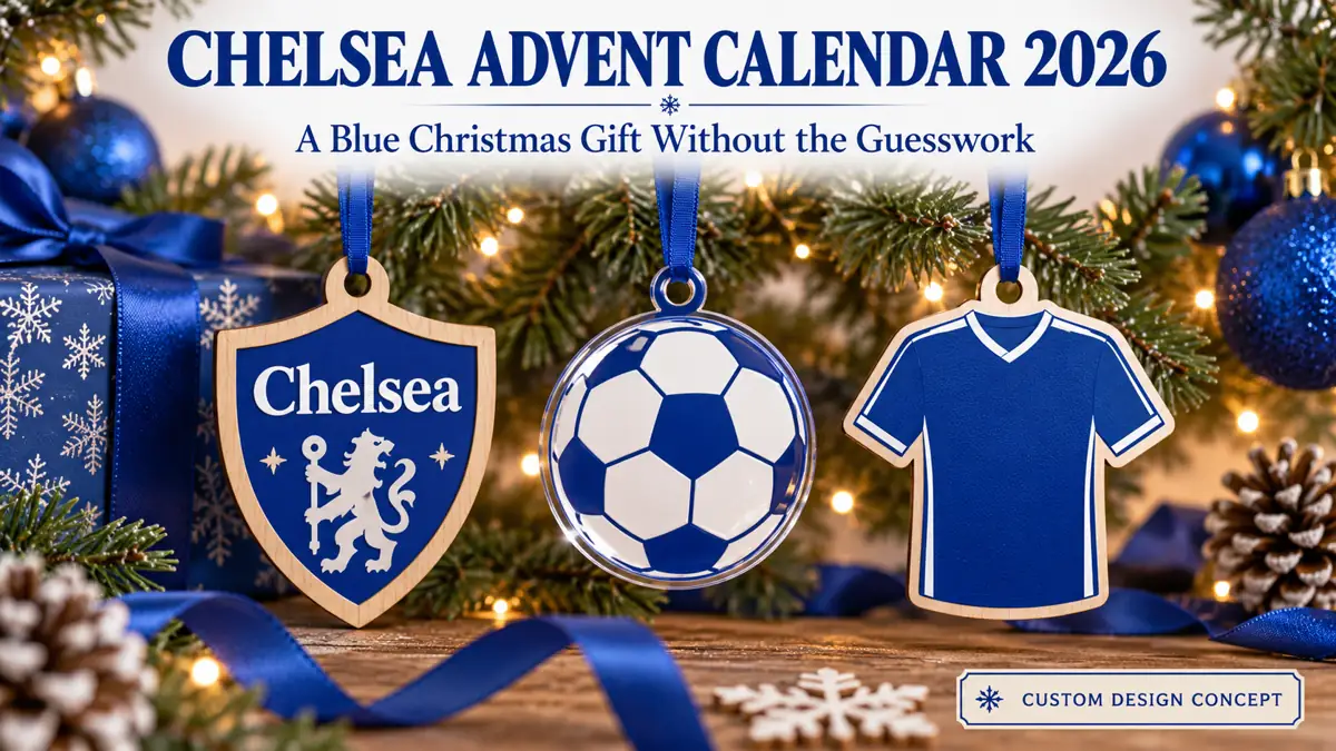 Three Chelsea custom ornament concepts: club-name shield, generic football emblem and shirt silhouette