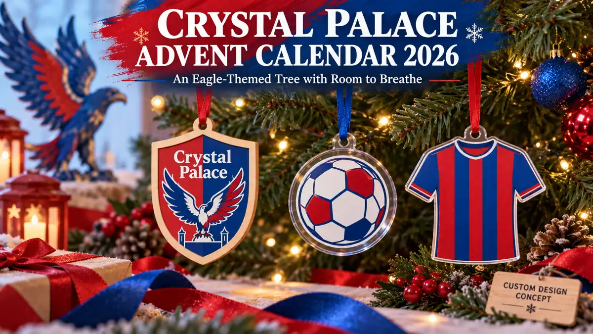 Three Crystal Palace custom ornament concepts: club-name shield, generic football emblem and shirt silhouette