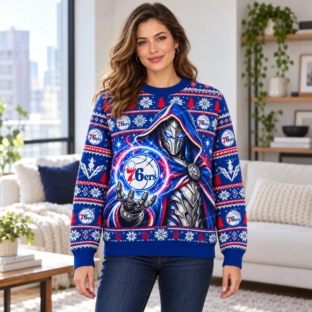 Editorial styling mockup of a model wearing the Philadelphia 76ers blue and red Christmas sweater with silver armored figure and team orb