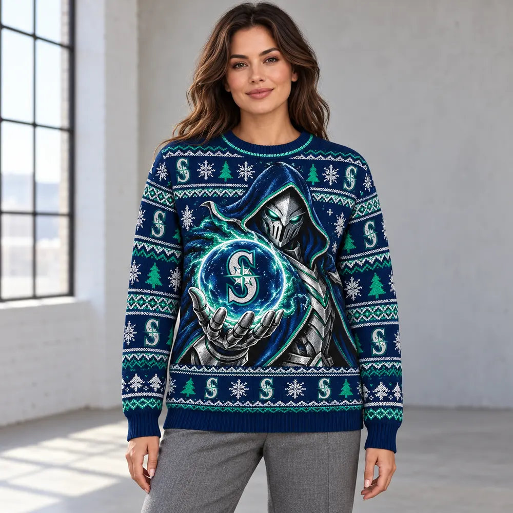 Editorial styling mockup of a model wearing the Seattle Mariners navy and teal Christmas sweater with silver armored figure and team orb