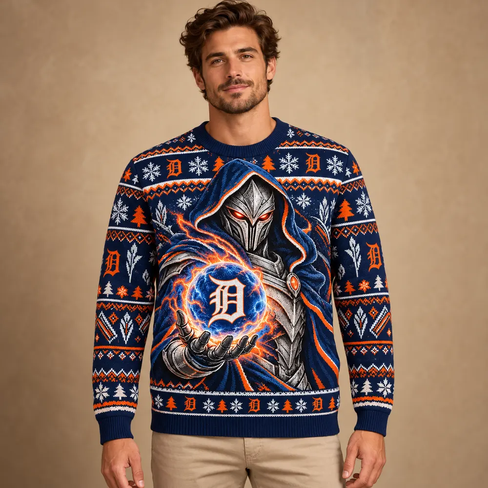 Editorial styling mockup of a model wearing the Detroit Tigers navy and orange Christmas sweater with silver armored figure and team orb
