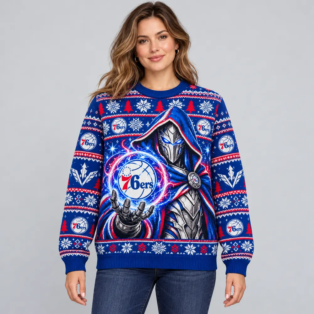 Editorial styling mockup of a model wearing the Philadelphia 76ers blue and red Christmas sweater with silver armored figure and team orb