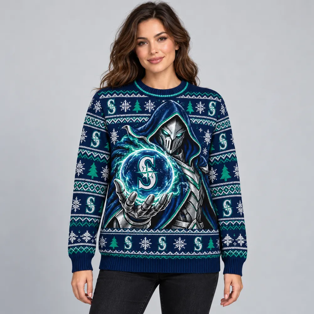 Editorial styling mockup of a model wearing the Seattle Mariners navy and teal Christmas sweater with silver armored figure and team orb