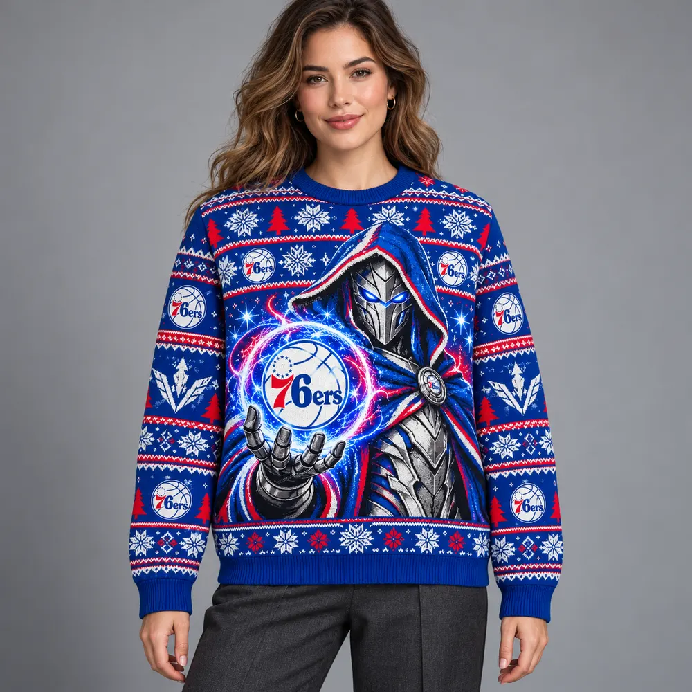 Editorial styling mockup of a model wearing the Philadelphia 76ers blue and red Christmas sweater with silver armored figure and team orb