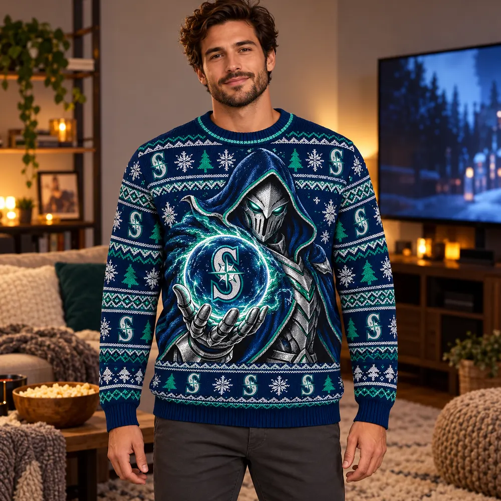 Editorial styling mockup of a model wearing the Seattle Mariners navy and teal Christmas sweater with silver armored figure and team orb