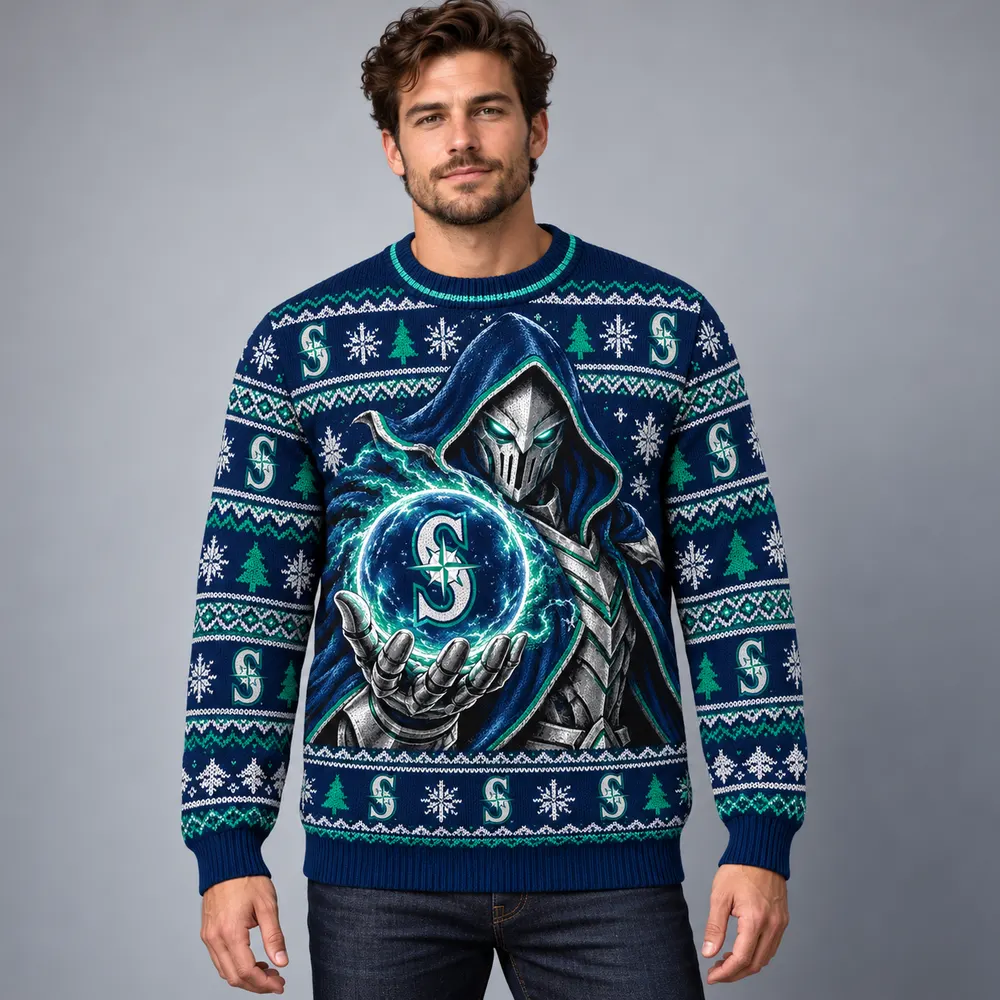 Editorial styling mockup of a model wearing the Seattle Mariners navy and teal Christmas sweater with silver armored figure and team orb