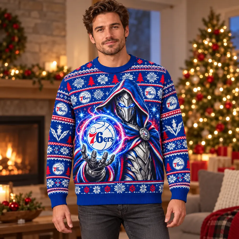 Editorial styling mockup of a model wearing the Philadelphia 76ers blue and red Christmas sweater with silver armored figure and team orb