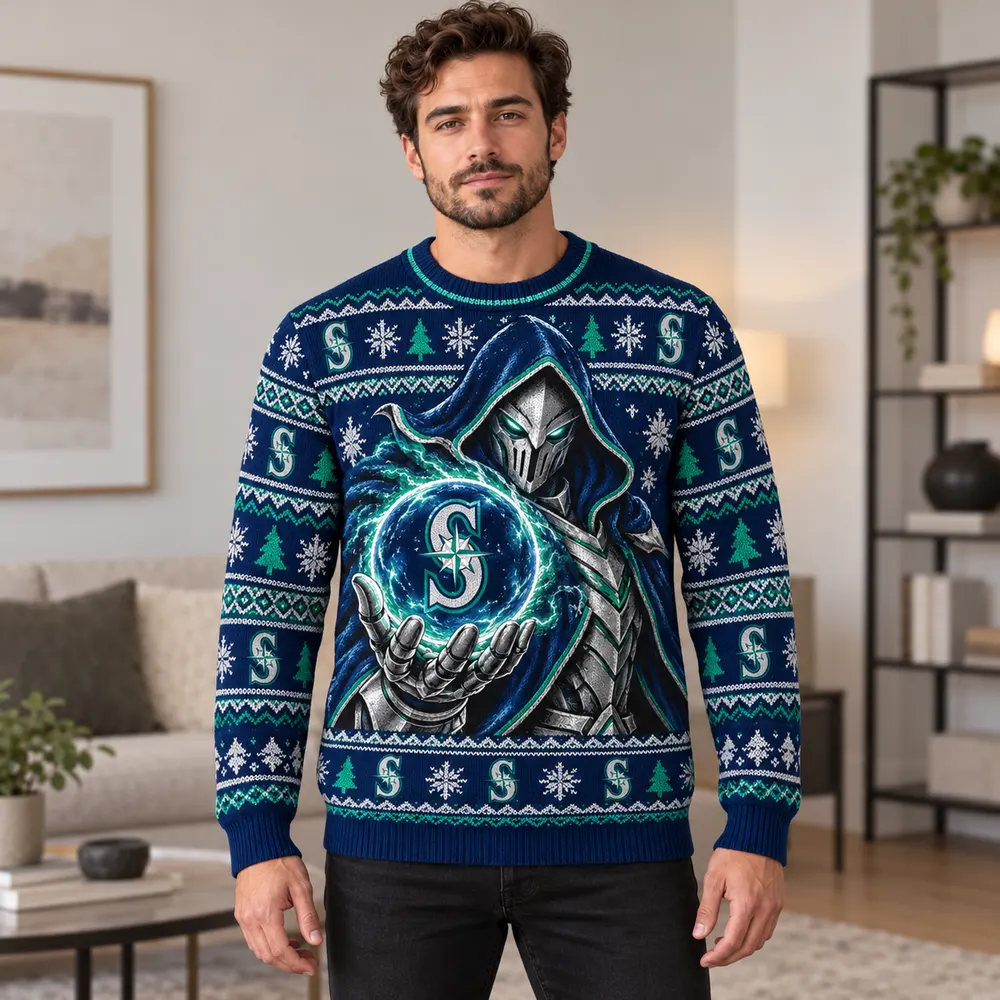 Editorial styling mockup of a model wearing the Seattle Mariners navy and teal Christmas sweater with silver armored figure and team orb