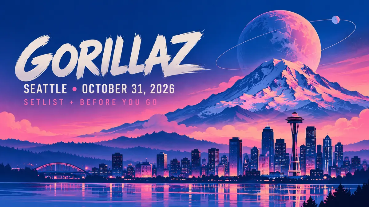Illustrated concert guide banner: Gorillaz Seattle October 31, 2026