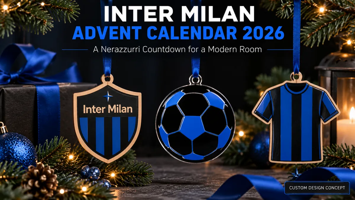 Three Inter Milan custom ornament concepts: club-name shield, generic football emblem and shirt silhouette