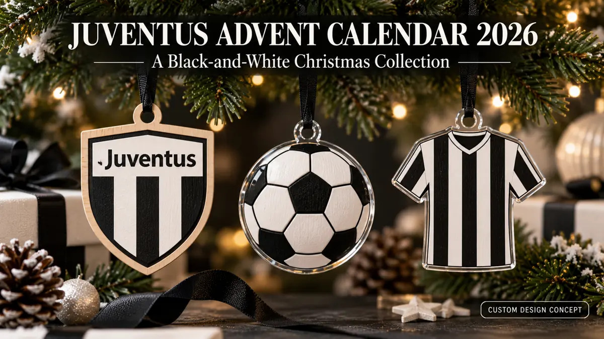 Three Juventus custom ornament concepts: club-name shield, generic football emblem and shirt silhouette