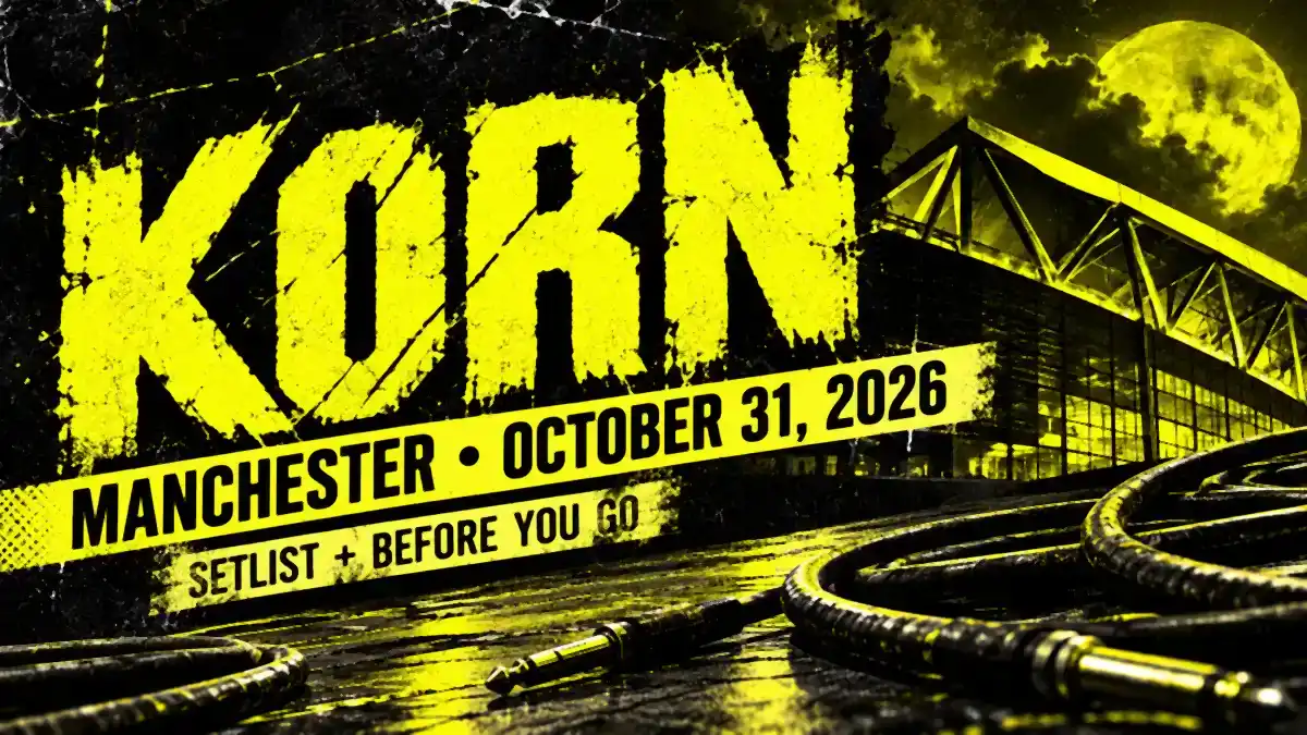 Illustrated concert guide banner: Korn Manchester October 31, 2026