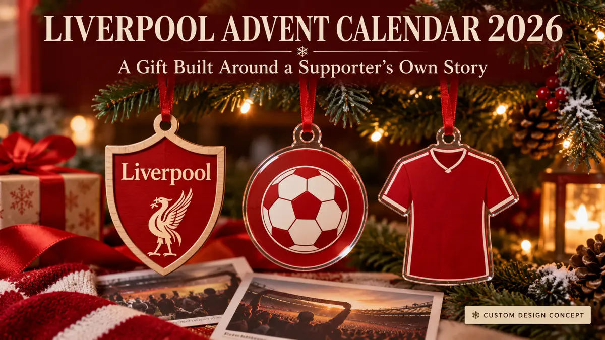 Three Liverpool custom ornament concepts: club-name shield, generic football emblem and shirt silhouette