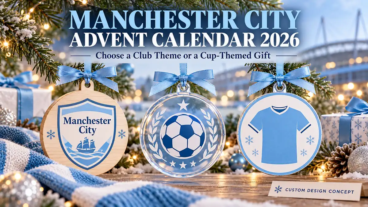 Three Manchester City custom ornament concepts: club-name shield, generic football emblem and shirt silhouette