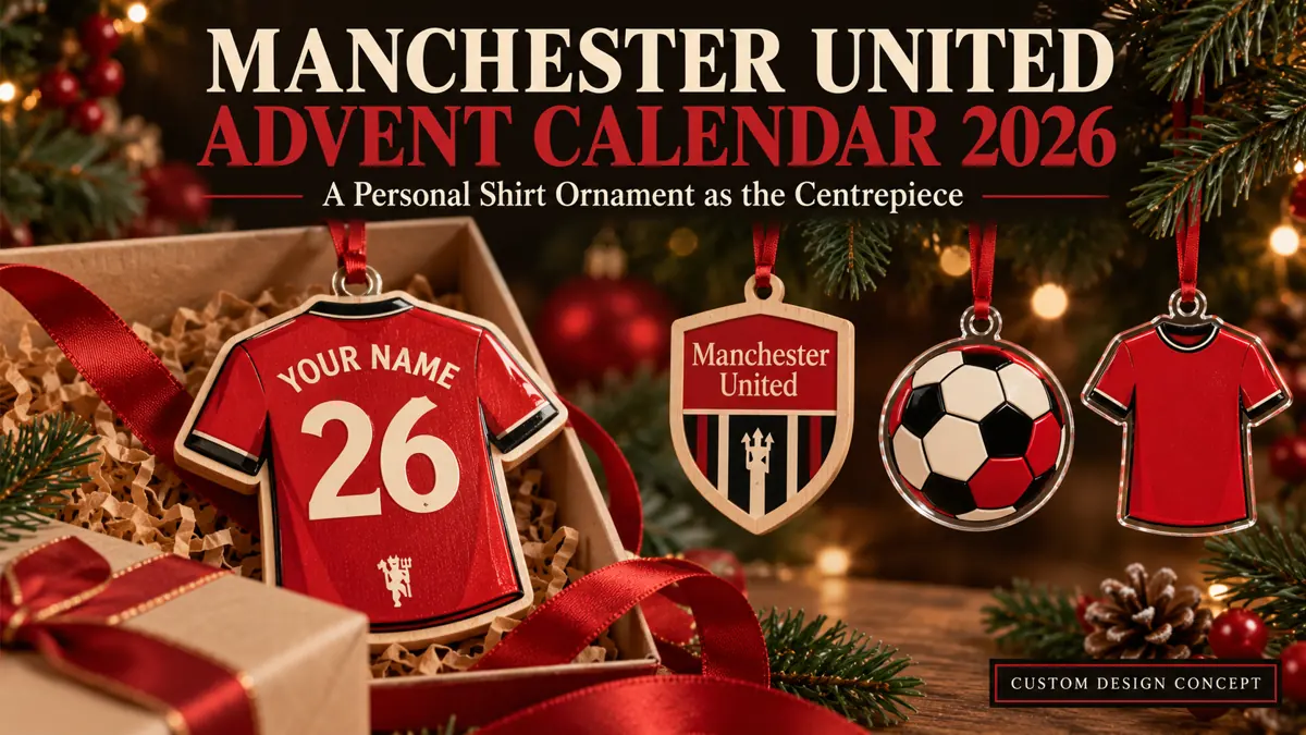 Three Manchester United custom ornament concepts: club-name shield, generic football emblem and shirt silhouette