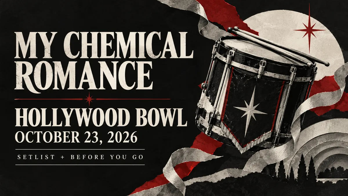 Illustrated concert guide banner: My Chemical Romance Hollywood Bowl October 23, 2026