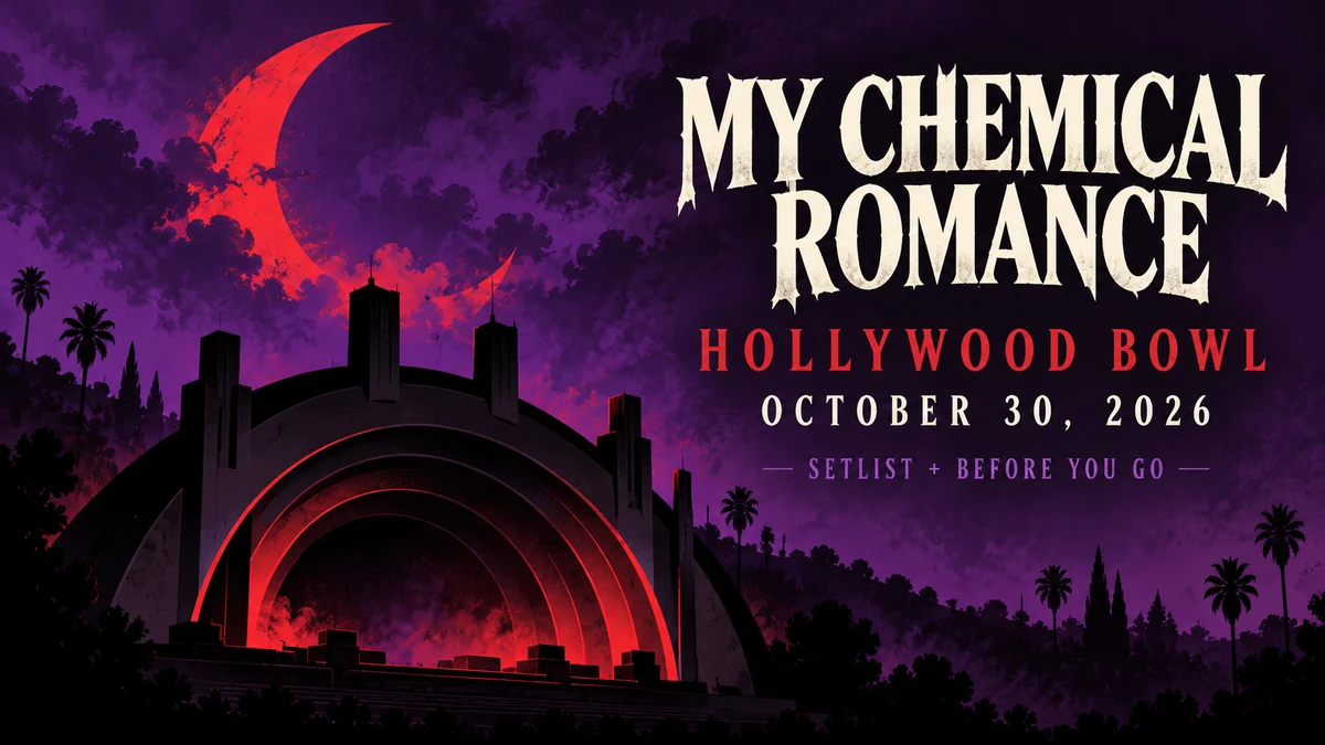 Illustrated concert guide banner: My Chemical Romance Hollywood Bowl October 30, 2026