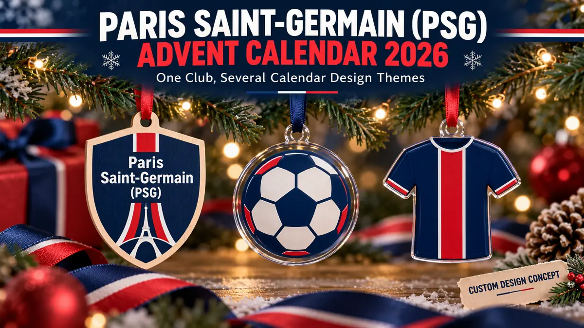 Three Paris Saint-Germain (PSG) custom ornament concepts: club-name shield, generic football emblem and shirt silhouette