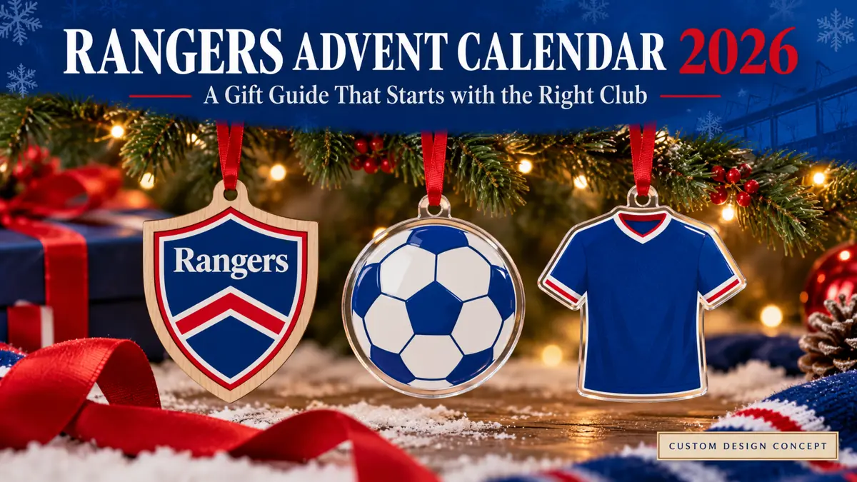 Three Rangers custom ornament concepts: club-name shield, generic football emblem and shirt silhouette