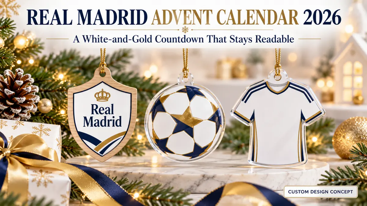 Three Real Madrid custom ornament concepts: club-name shield, generic football emblem and shirt silhouette