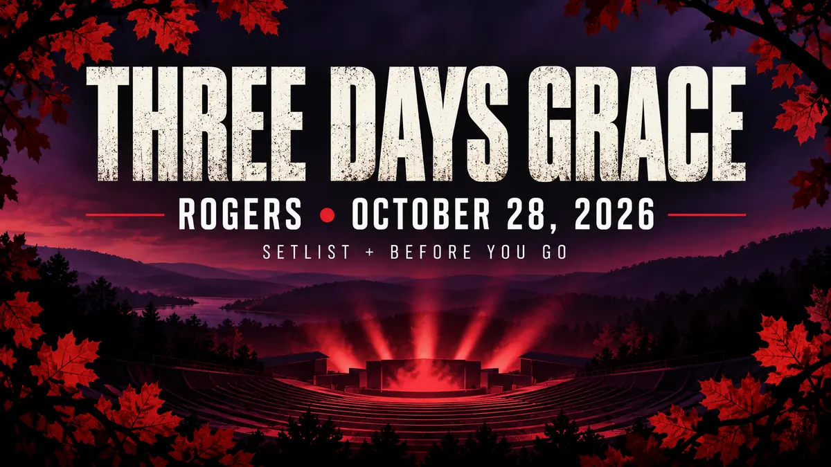 Illustrated concert guide banner: Three Days Grace Rogers October 28, 2026