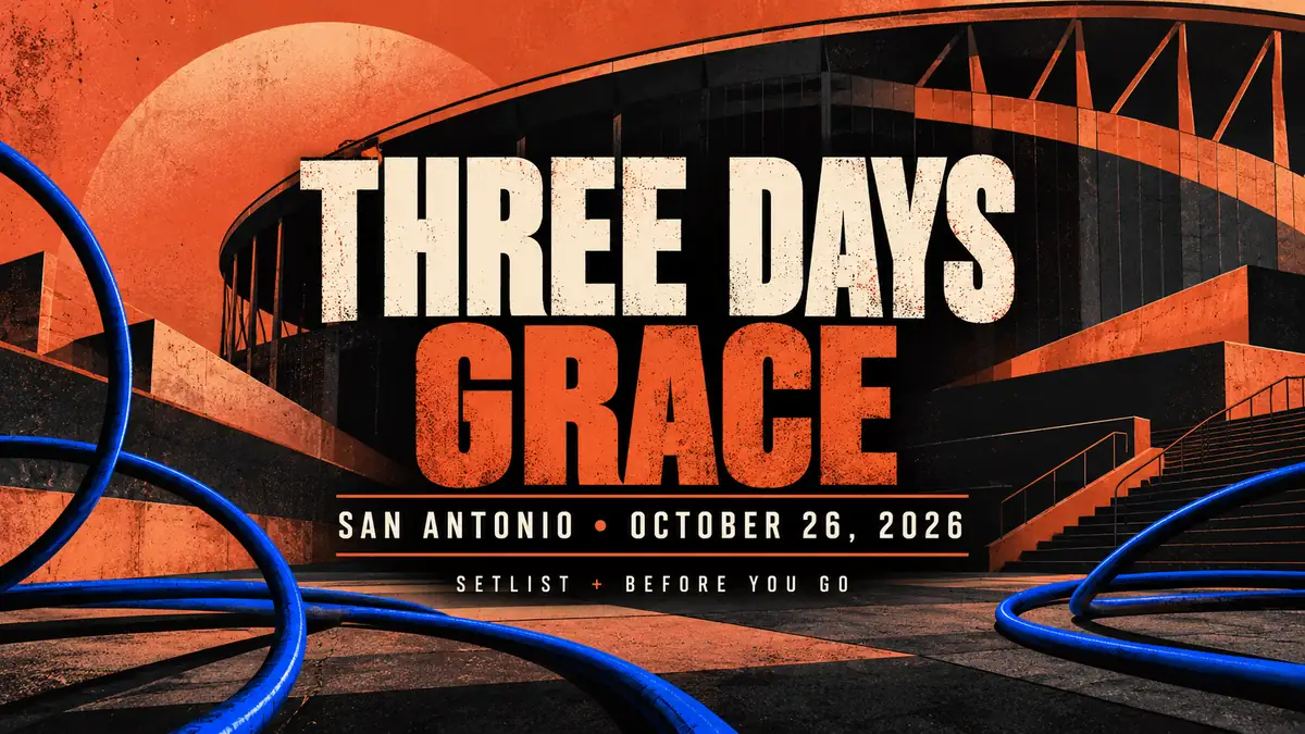 Illustrated concert guide banner: Three Days Grace San Antonio October 26, 2026