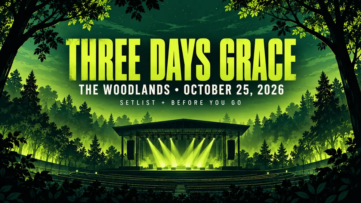 Illustrated concert guide banner: Three Days Grace The Woodlands October 25, 2026